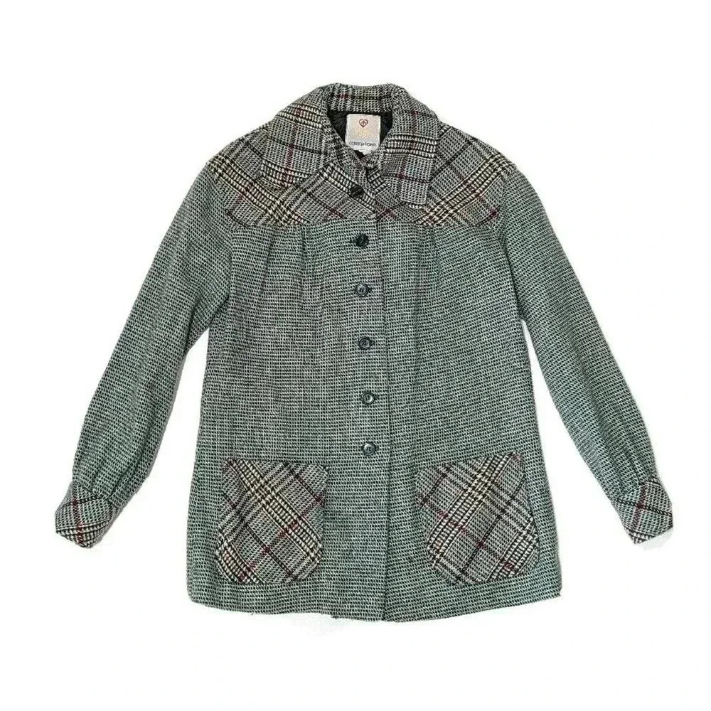 Vintage College Town Green Houndstooth Wool Blend Coat Size Small 1970s 1960s